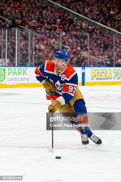 Connor McDavid of the Edmonton Oilers skates towards the net during the first period against the Calgary Flames at Rogers Place on February 24, 2024...