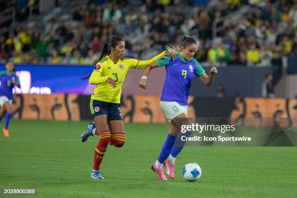 Brazil forward Gabi Nunes and Colombia defender Daniela Arias during the CONCACAF W Gold Cup Group B match between Colombia and Brazil on February 24...