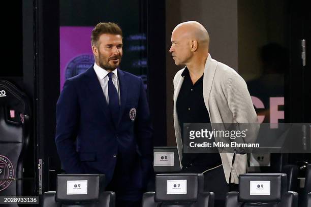 Former English footballer and Inter Miami co-owner David Beckham looks on before the first half against Real Salt Lake at Chase Stadium on February...