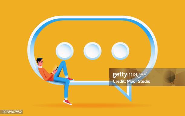 ilustrações de stock, clip art, desenhos animados e ícones de young man using chatbot assistant concept illustration - jovens estudando