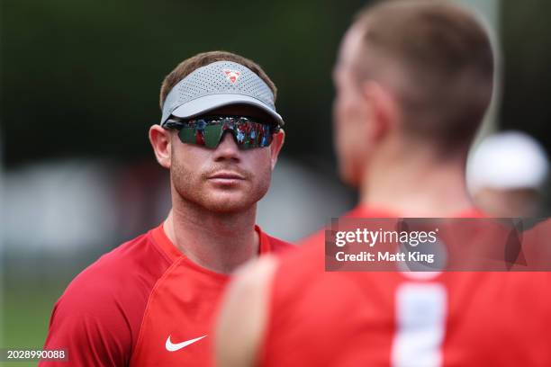 Taylor Adams of the Swans looks on during an AFL practice match between Sydney Swans and Greater Western Sydney Giants at Tramway Oval on February...