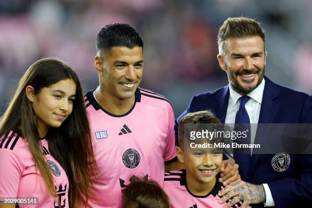 Former English footballer and Inter Miami co-owner David Beckham welcomes Luis Suarez to the team ahead of the first half against Real Salt Lake at...