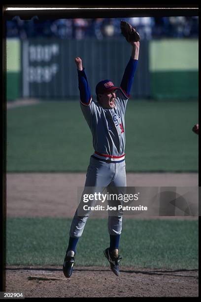 Jim Abbott of the United States celebrates after he pitched a complete game victory against Japan to win the gold medal during the 1988 Seoul Olympic...