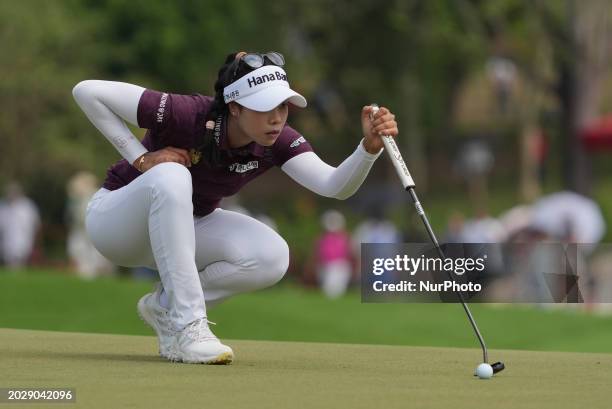 Patty Tavatanakit from Thailand is lining up a putt during the final round of the Honda LPGA Thailand 2024 at Siam Country Club Old Course in...