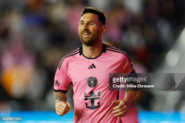 Lionel Messi of Inter Miami reacts after a goal scored by teammate Robert Taylor during the first half against Real Salt Lake at Chase Stadium on...