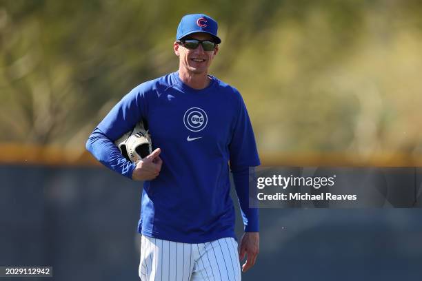Manager Craig Counsell of the Chicago Cubs looks on during a spring training workout at Sloan Park on February 20, 2024 in Mesa, Arizona.