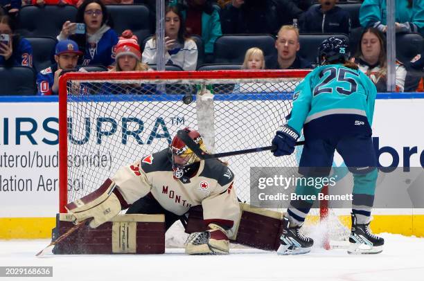 Alex Carpenter of New York scores on the shootout against Ann-Renee Desbiens of Montreal at UBS Arena on February 21, 2024 in Elmont, New York. New...