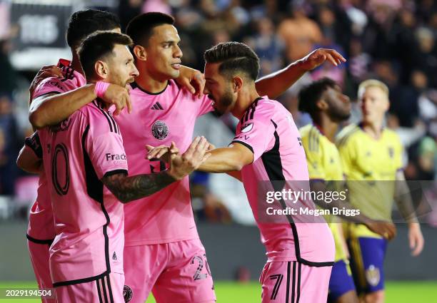 Inter Miami celebrates with Diego Gomez after Gomez' goal during the during the second half against Real Salt Lake at Chase Stadium on February 21,...