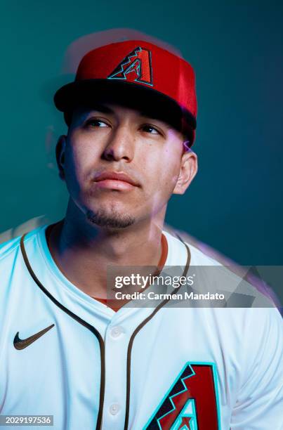 Morales Francisco of the Arizona Diamondbacks sits for a portrait at Salt River Fields at Talking Stick on February 21, 2024 in Scottsdale, Arizona.