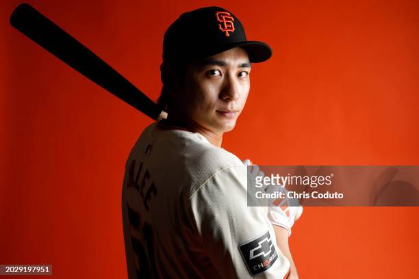 Jung Hoo Lee of the San Francisco Giants poses during photo day at Scottsdale Stadium on February 21, 2024 in Scottsdale, Arizona.