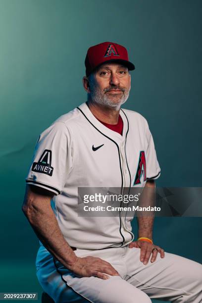 Manager Torey Lovullo of the Arizona Diamondbacks sits for a portrait at Salt River Fields at Talking Stick on February 21, 2024 in Scottsdale,...