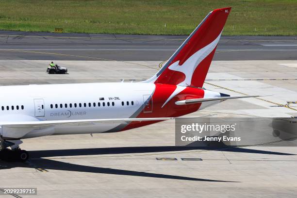 The tail of a Qantas plane is seen after landing at Sydney International Airport on February 22, 2024 in Sydney, Australia. Qantas has demonstrated a...