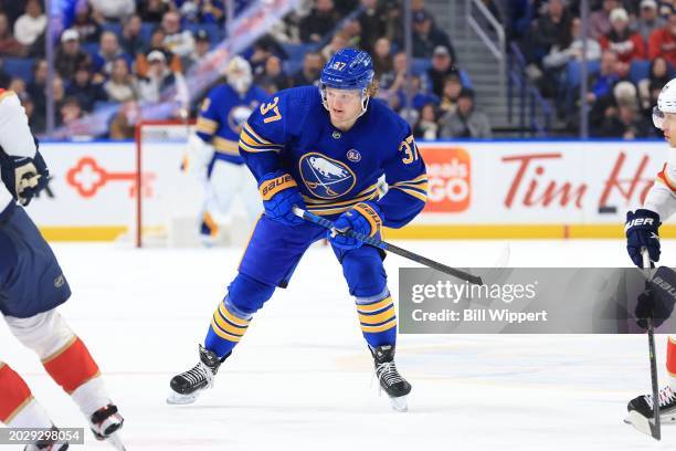 Casey Mittelstadt of the Buffalo Sabres skates against the Florida Panthers during an NHL game on February 15, 2024 at KeyBank Center in Buffalo, New...