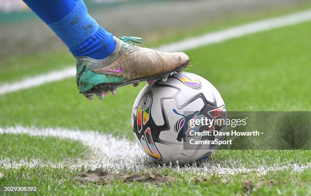 Rainbow coloured football during the Sky Bet Championship match between Blackburn Rovers and Norwich City at Ewood Park on February 24, 2024 in...