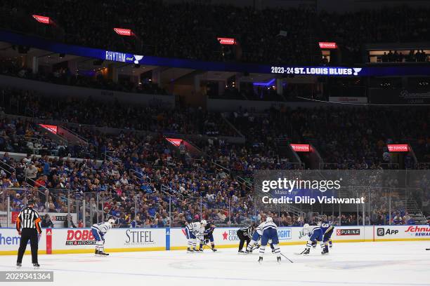 Members of the St. Louis Blues line up for a face-off against the Toronto Maple Leafs at Enterprise Center on February 19, 2024 in St Louis, Missouri.