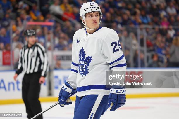 Conor Timmins of the Toronto Maple Leafs skates against the St. Louis Blues at Enterprise Center on February 19, 2024 in St Louis, Missouri.