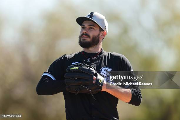 Dylan Cease of the Chicago White Sox looks on during a spring training workout at Camelback Ranch on February 21, 2024 in Glendale, Arizona.