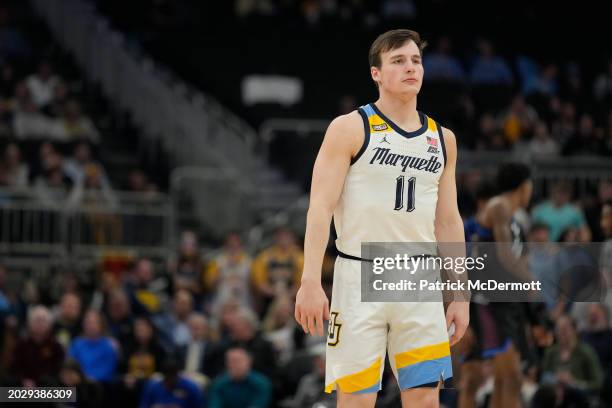 Tyler Kolek of the Marquette Golden Eagles looks on during the second half against the DePaul Blue Demons at Fiserv Forum on February 21, 2024 in...