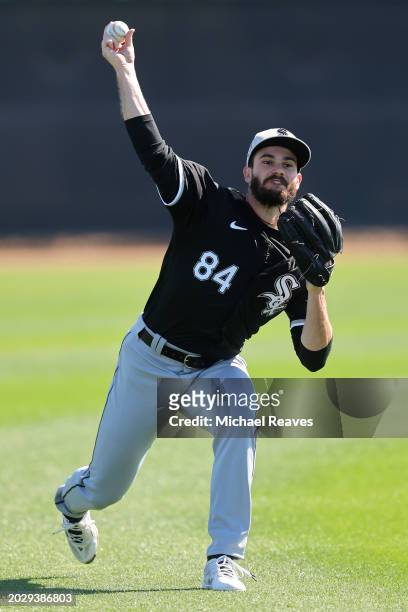 Dylan Cease of the Chicago White Sox warms up during a spring training workout at Camelback Ranch on February 21, 2024 in Glendale, Arizona.