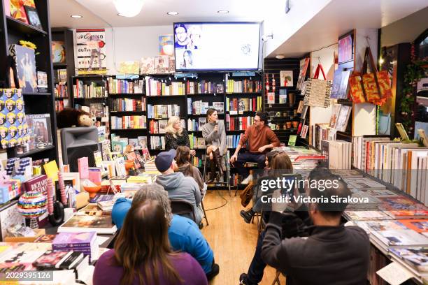 Stephanie Savage, Rachel Bilson and Josh Schwartz speak during the reading of "Welcome to The O.C.: an Oral History" at Book Soup on February 21,...