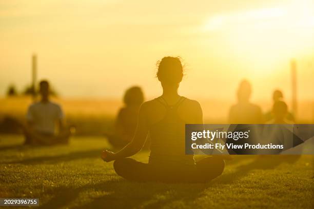 instructrice de yoga menant un cours de pratique de la méditation - pleine-conscience photos et images de collection