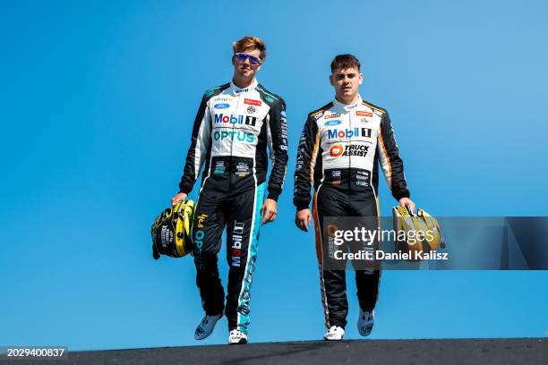 Chaz Mostert driver of the Mobil1 Optus Racing Ford Mustang GT and Ryan Wood driver of the Mobil1 Truck Assist Racing Mustang ahead of the Bathurst...