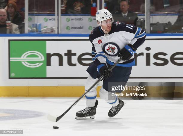 Gabriel Vilardi of the Winnipeg Jets skates up ice during their NHL game against the Vancouver Canucks at Rogers Arena on February 17, 2024 in...