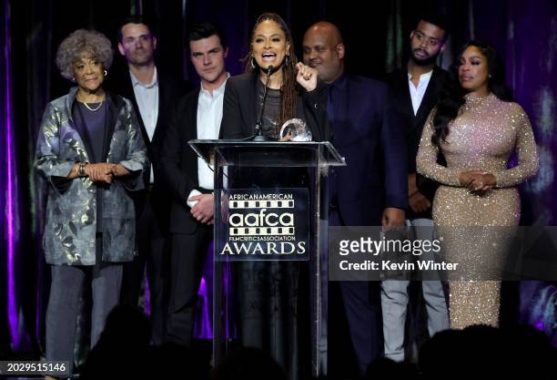 Cast and crew including Emily Yancy, Finn Wittrock, Ava DuVernay, Kris Bowers and Niecy Nash accept the Best Drama Award for "Origin" onstage during...