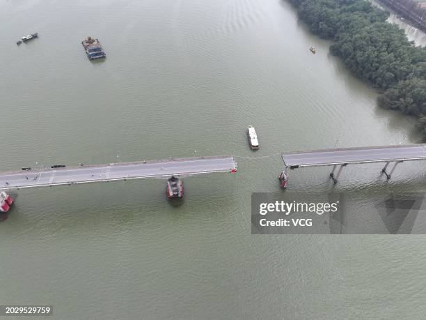 Aerial view of rescuers working at the site of the fractured Lixinsha Bridge in Nansha District on February 22, 2024 in Guangzhou, Guangdong Province...