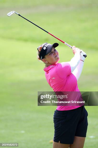 Nanna Koerstz Madsen of Denmark play a shot during the first round of the Honda LPGA Thailand at Siam Country Club on February 22, 2024 in Chon Buri,...