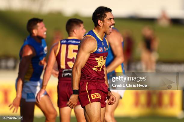 Charlie Cameron of the Lions celebrates a goal during an AFL practice match between Brisbane Lions and Gold Coast Suns at Brighton Homes Arena on...