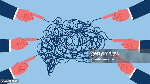 confusing ideas and thoughts, tangled emotions, pointing out wrong ideas, resolving frustrations and mistakes, index finger pointing to the confusing tangled mass of threads - tangled lines stock illustrations