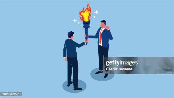 a successor, a transfer of tasks or a change to a new program and goal, an isometric businessman passing the torch to another businessman - challenge accepted stock illustrations