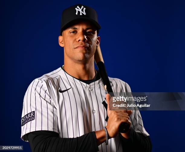 Juan Soto of the New York Yankees poses during the 2024 New York Yankees Photo Day at George M. Steinbrenner Field on February 21, 2024 in Tampa,...