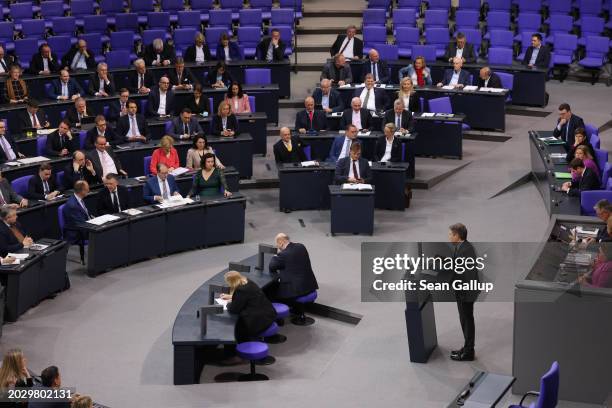 German Economy and Climate Action Minister Robert Habeck speaks during debates over the German economy at the Bundestag on February 22, 2024 in...