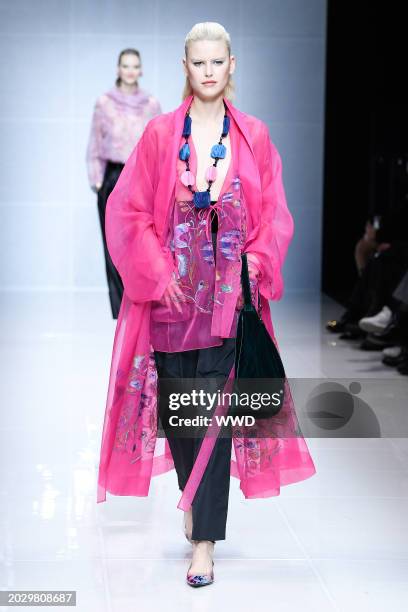 Model on the runway at Giorgio Armani RTW Fall 2024 as part of Milan Ready to Wear Fashion Week held on February 25, 2024 in Milan, Italy.