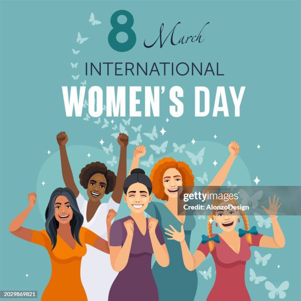 international women’s day banner. multiracial group of women. - chinese friends stock illustrations