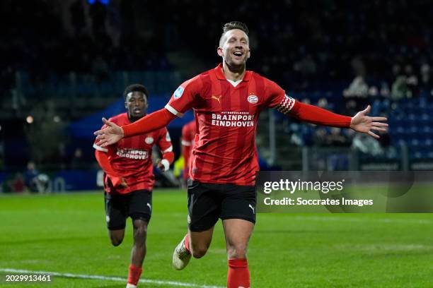 Luuk de Jong of PSV celebrates the 1-3 during the Dutch Eredivisie match between PEC Zwolle v PSV at the MAC3PARK Stadium on February 24, 2024 in...