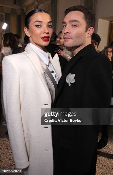 Ed Westwick and Amy Jackson attend the Genny fashion show during the Milan Fashion Week Womenswear Fall/Winter 2024-2025 on February 22, 2024 in...