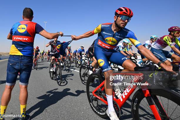 Jacopo Mosca of Italy and Team Lidl-Trek picks a food bag at the feed zone during the 6th UAE Tour 2024, Stage 4 a 168km stage from Dubai Police...