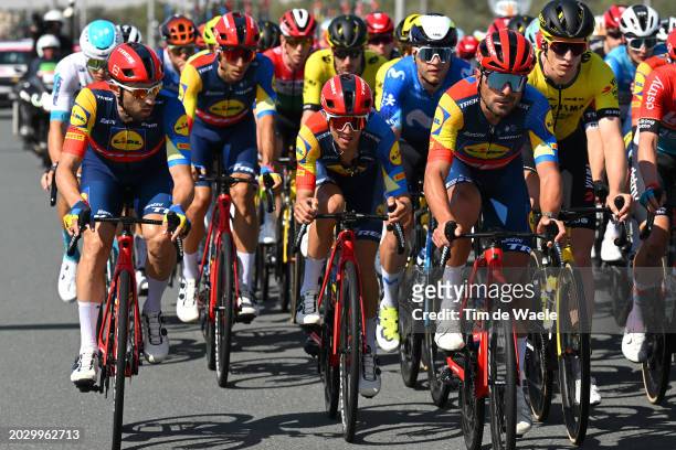 Dario Cataldo of Italy, Juan Pedro Lopez of Spain and Jacopo Mosca of Italy and Team Lidl-Trek compete during the 6th UAE Tour 2024, Stage 4 a 168km...