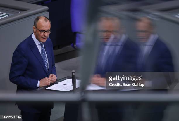 Friedrich Merz, head of the German Christian Democrats , speaks during debates at the Bundestag over foreign and security policy on February 22, 2024...