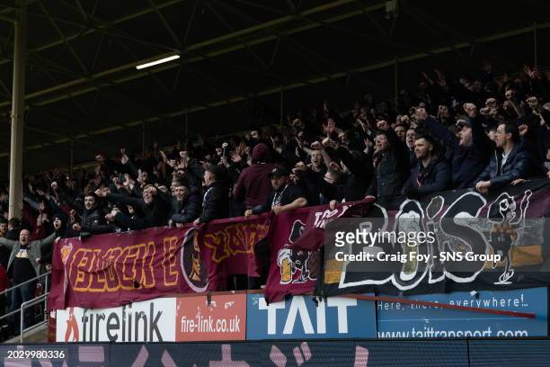 Motherwell ultras celebrate after going 1-0 up during a cinch Premiership match between Motherwell and Celtic at Fir Park, on February 25 in...