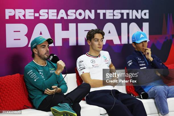 Fernando Alonso of Spain and Aston Martin F1 Team, George Russell of Great Britain and Mercedes and Alexander Albon of Thailand and Williams attend...