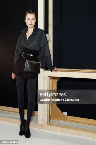 Felice Nova Noordhoff poses backstage ahead of the Max Mara fashion show during the Milan Fashion Week Womenswear Fall/Winter 2024-2025 on February...