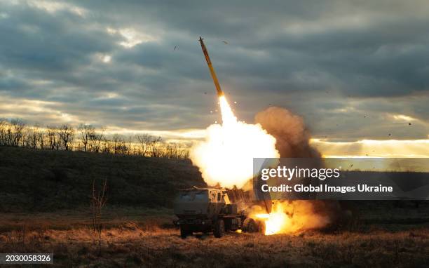 Launches a rocket on Russian position on December 29, 2023 in Unspecified, Ukraine. M142 HIMARS proved to be a highly effective weapon, striking...