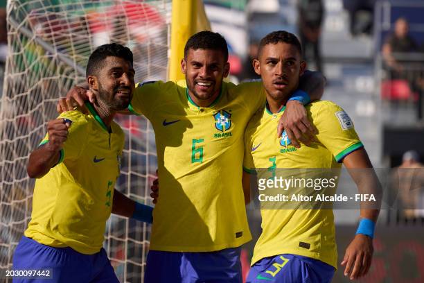 Brendo of Brazil celebrates after scoring goal during the FIFA Beach Soccer World Cup UAE 2024 Quarter-Final match between Brazil and Japan at Dubai...