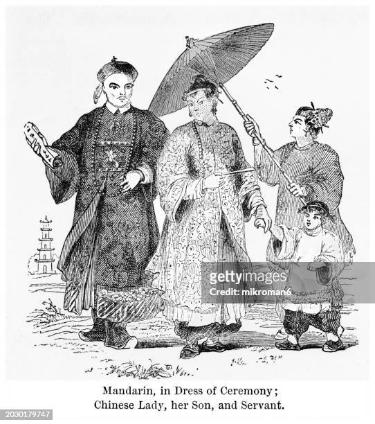 old engraved illustration of chinese culture, chinese mandarin in dress of ceremony, chinese lady with her son and servant - servant stock pictures, royalty-free photos & images