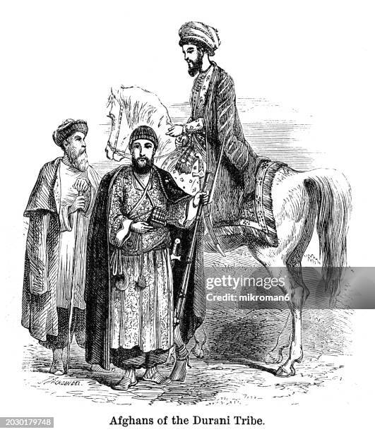 old engraved illustration of the durrani, one of the largest tribes of pashtuns, their traditional homeland is in southern afghanistan - pashtun stock pictures, royalty-free photos & images