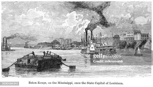 old engraved illustration of baton rouge on the mississippi, once the state capital of louisiana, united states - mississippi v mississippi state stock pictures, royalty-free photos & images